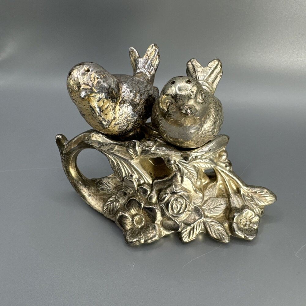 Vintage Pewter Silver Plated Bird Salt And Pepper Shaker on Branch, New Stoppers